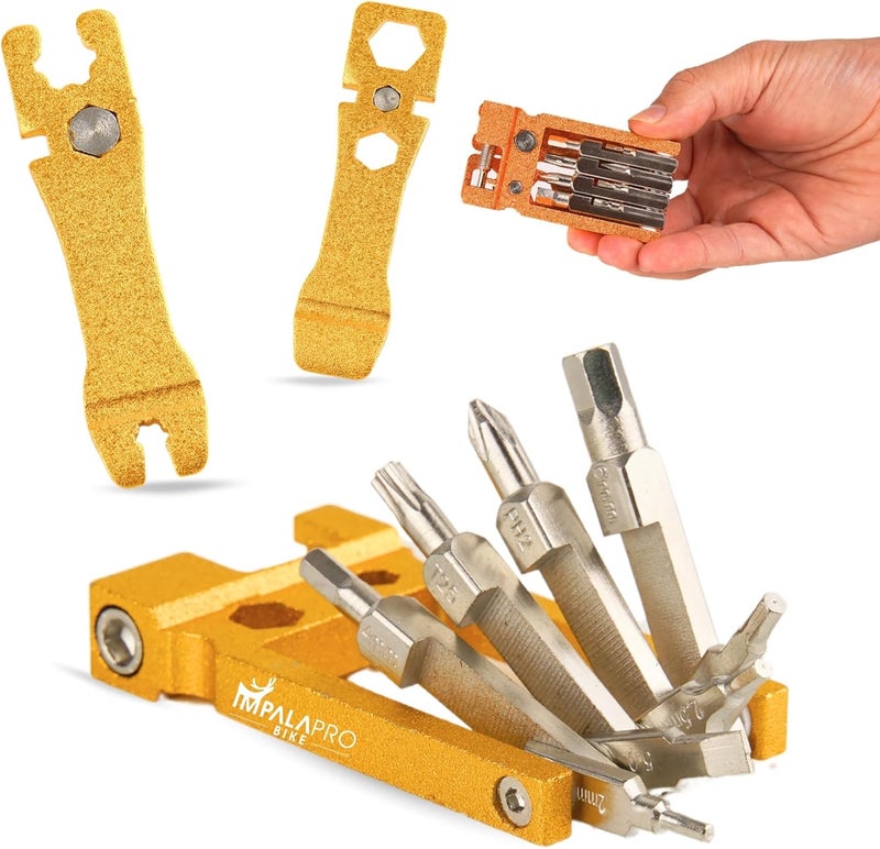 IMPALAPRO Bike Tool Kit Portable 20 in 1 Compact and Lightweight (117.5g) Chrome-Vanadium (CRV) - Bike Multitool with Chain Breaker - MTB Multitool - Bike Repair Tools (Gold) - Image 1